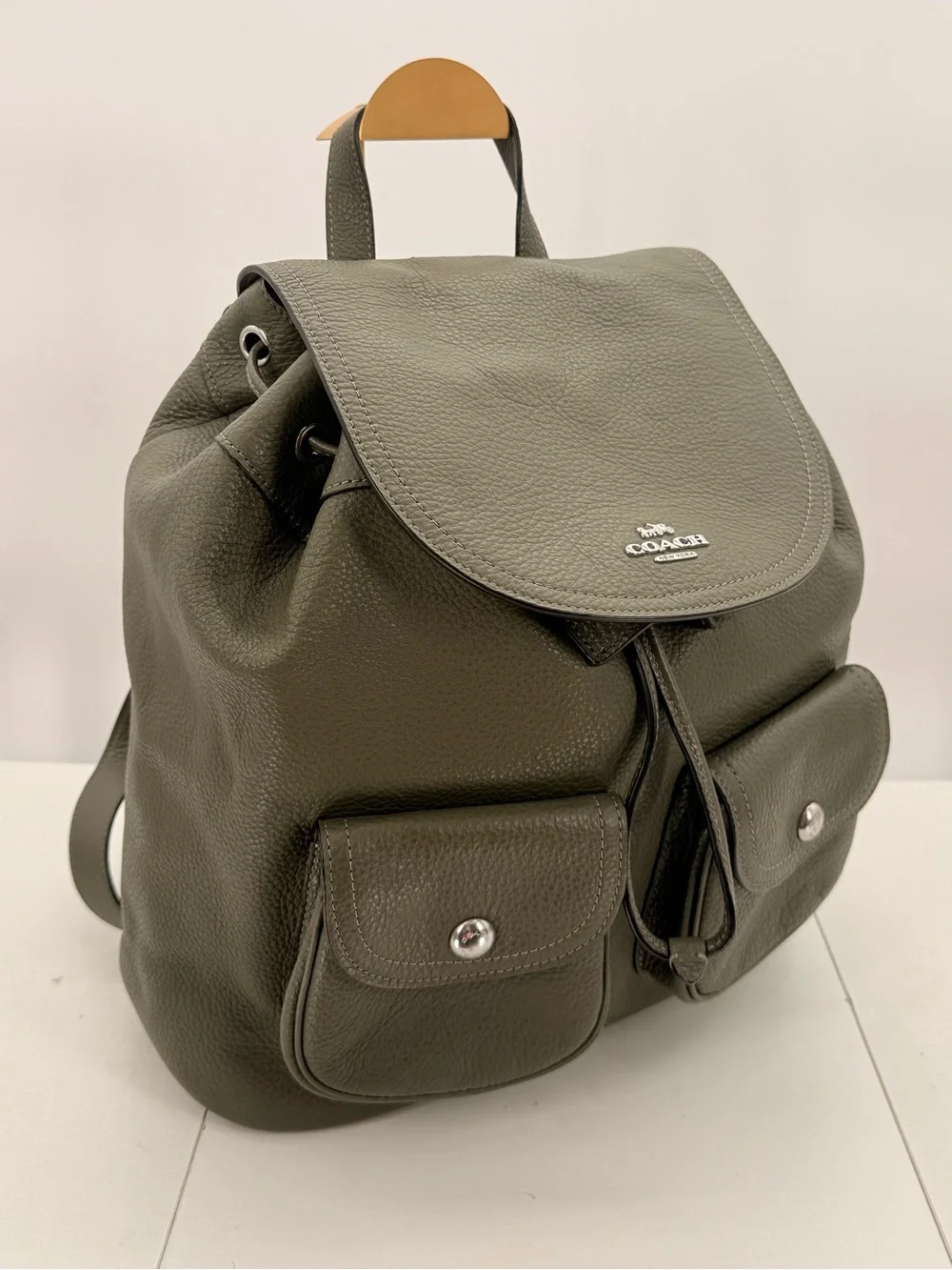 COACH Pebbled Leather Pennie Drawstring Backpack Olive Green